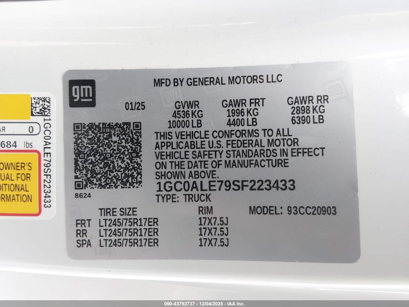 2025 Chevrolet Silverado 2500Hd 2Wd Long Bed Work Truck VIN: 1GC0ALE79SF223433 Lot: 43988395