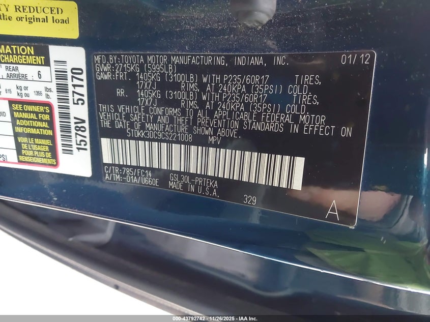 2012 Toyota Sienna Le V6 8 Passenger VIN: 5TDKK3DC9CS221008 Lot: 43792742