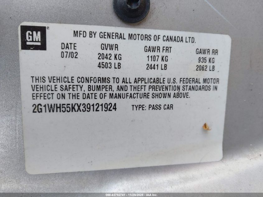 2003 Chevrolet Impala Ls VIN: 2G1WH55KX39121924 Lot: 43792741