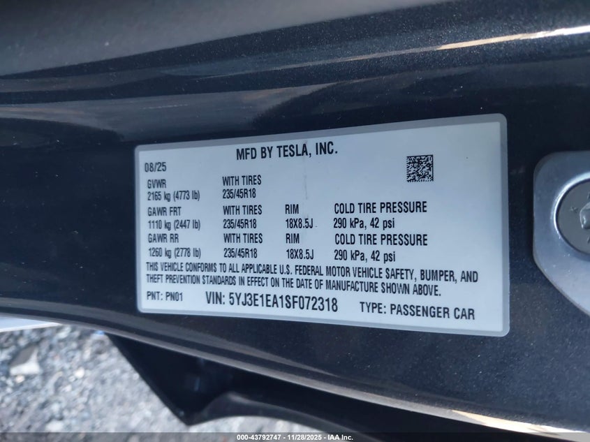 2025 Tesla Model 3 Long Range Rear-Wheel Drive/Standard Rear-Wheel Drive VIN: 5YJ3E1EA1SF072318 Lot: 43792747