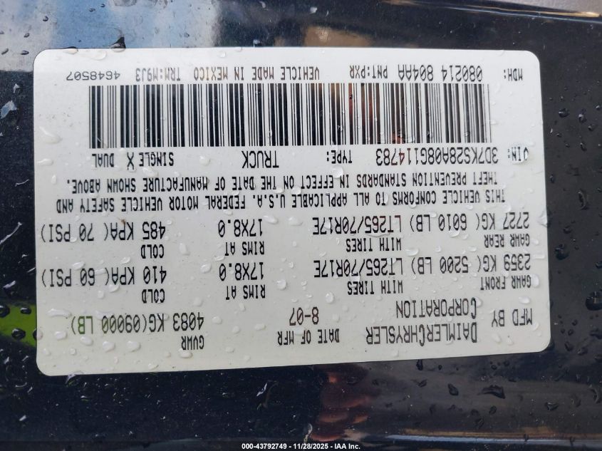 2008 Dodge Ram 2500 Slt/Power Wagon VIN: 3D7KS28A08G114783 Lot: 43792749