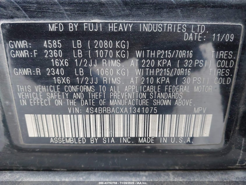 2010 Subaru Outback 2.5I VIN: 4S4BRBACXA1341075 Lot: 43792756