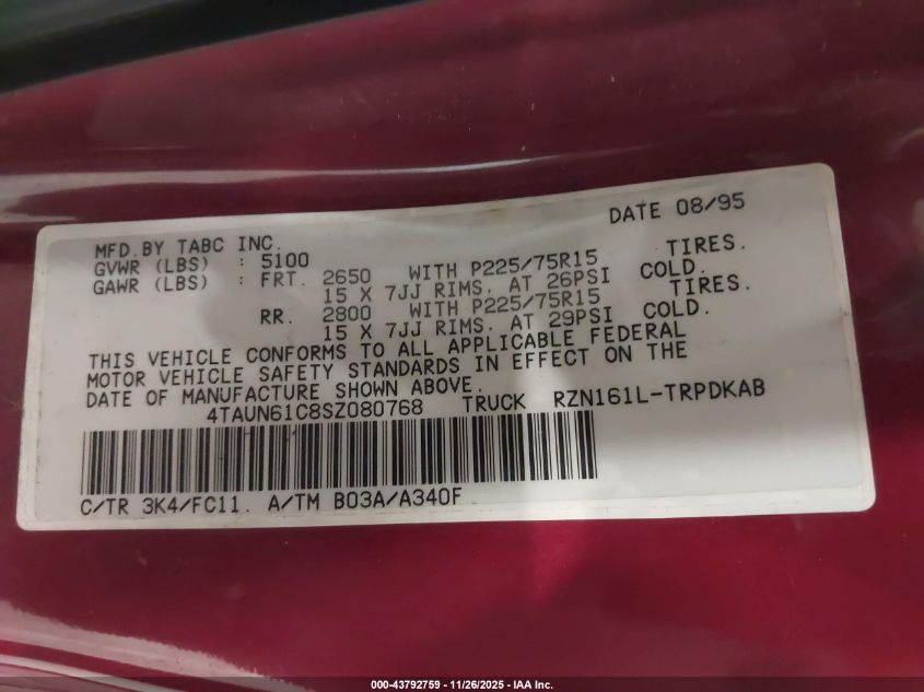 1995 Toyota Tacoma VIN: 4TAUN61C8SZ080768 Lot: 43792759