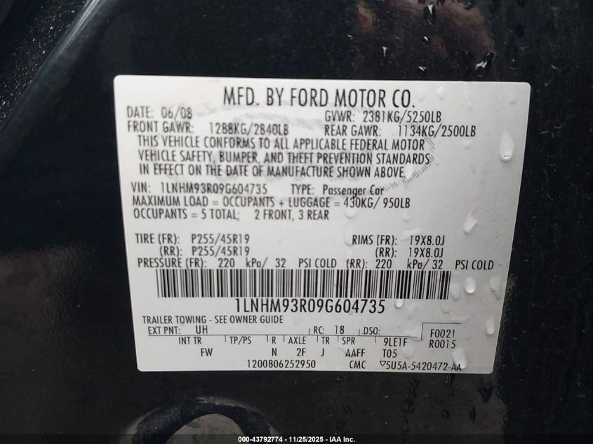 2009 Lincoln Mks VIN: 1LNHM93R09G604735 Lot: 43792774