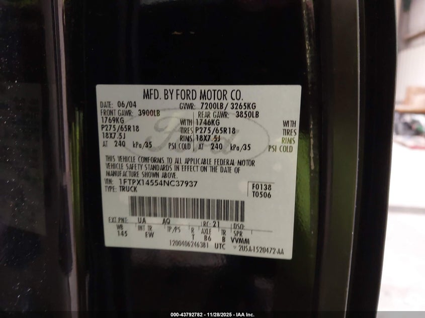 2004 Ford F-150 Fx4/Lariat/Xl/Xlt VIN: 1FTPX14554NC37937 Lot: 43792782