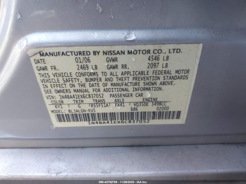 2006 Nissan Maxima 3.5 Sl VIN: 1N4BA41EX6C837052 Lot: 43792789