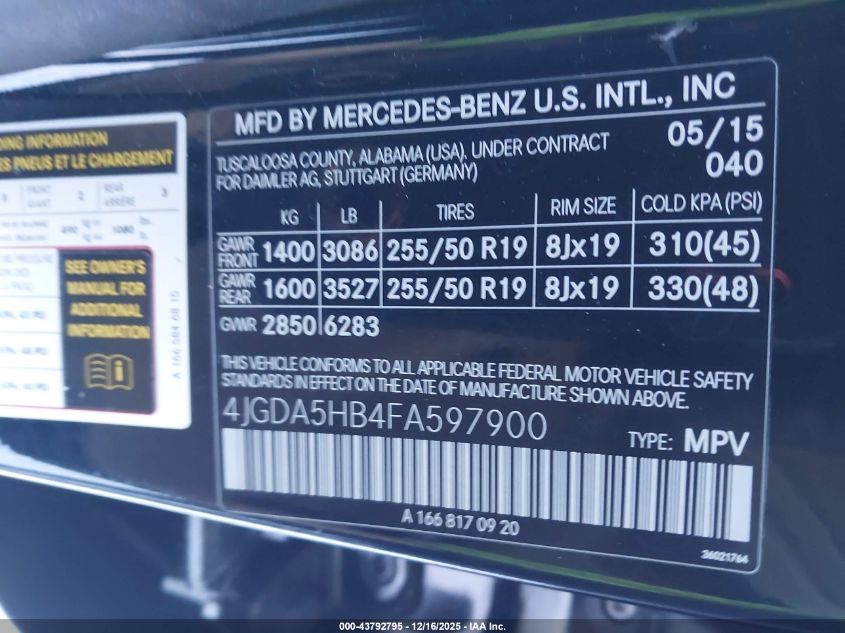 2015 Mercedes-Benz Ml 350 4Matic VIN: 4JGDA5HB4FA597900 Lot: 43792795