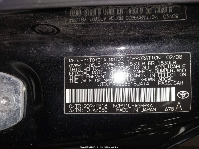 2008 Toyota Yaris VIN: JTDJT923585182414 Lot: 43792797