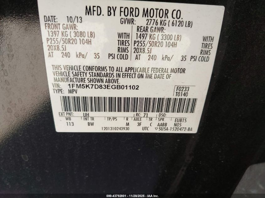 2014 Ford Explorer Xlt VIN: 1FM5K7D83EGB01102 Lot: 43792801