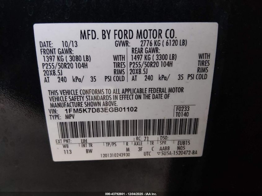 2014 Ford Explorer Xlt VIN: 1FM5K7D83EGB01102 Lot: 43792801