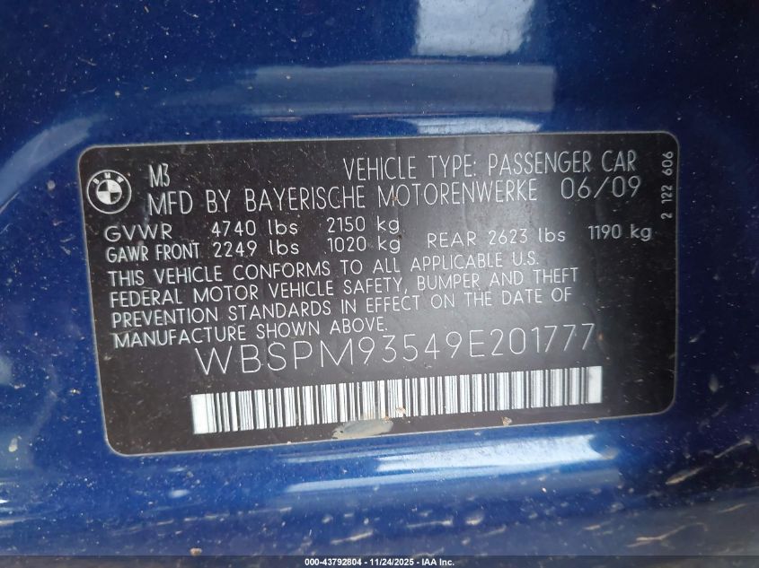 2009 BMW M3 VIN: WBSPM93549E201777 Lot: 43792804