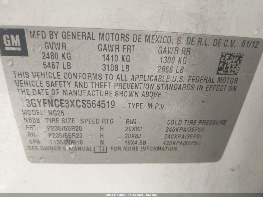 2012 Cadillac Srx Premium Collection VIN: 3GYFNCE3XCS564519 Lot: 43792807