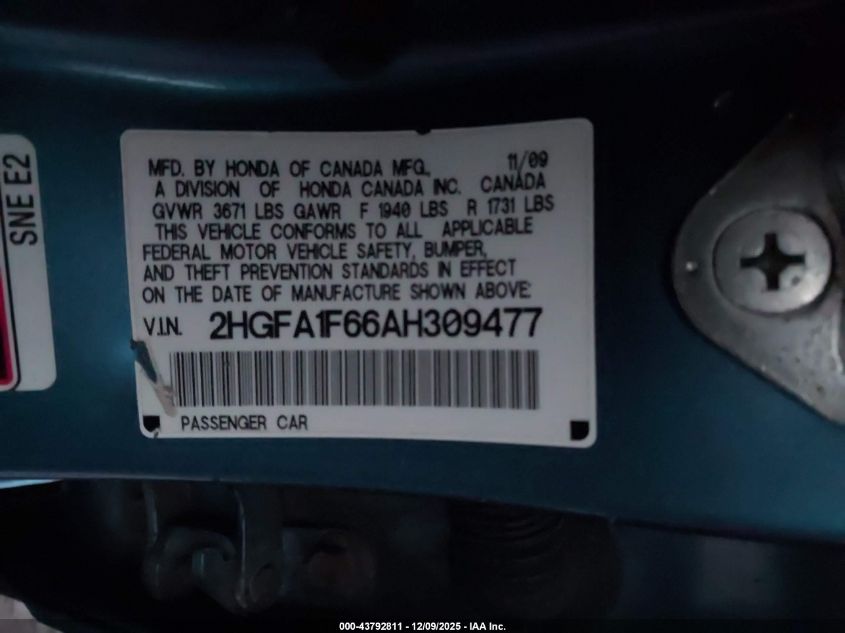 2010 Honda Civic Lx-S VIN: 2HGFA1F66AH309477 Lot: 43792811