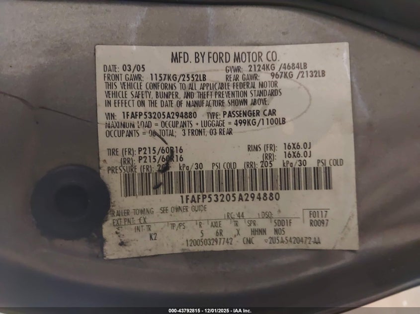 1FAFP53205A294880 2005 FORD TAURUS photo no. 9