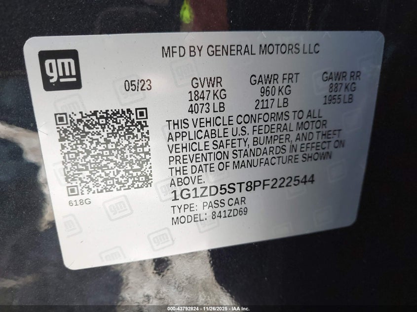 2023 Chevrolet Malibu Fwd 1Lt VIN: 1G1ZD5ST8PF222544 Lot: 43792824