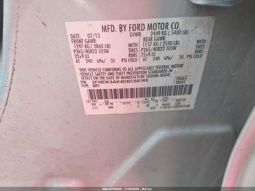 2013 Ford Edge Sport VIN: 2FMDK3AK4DBC66165 Lot: 43792845