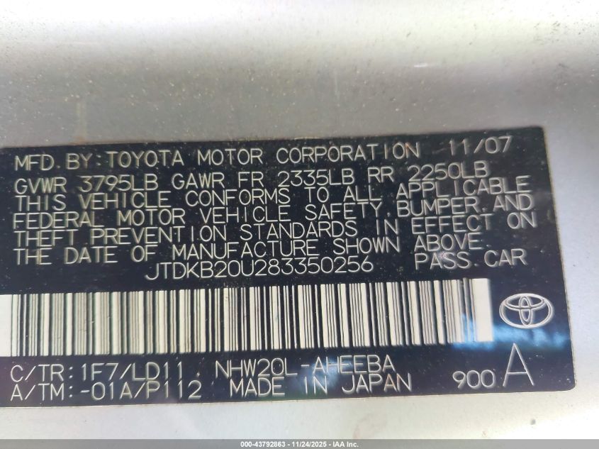 2008 Toyota Prius Touring VIN: JTDKB20U283350256 Lot: 43792863