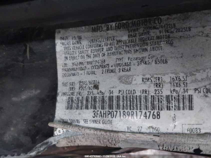 2009 Ford Fusion Se VIN: 3FAHP07189R174768 Lot: 43792880