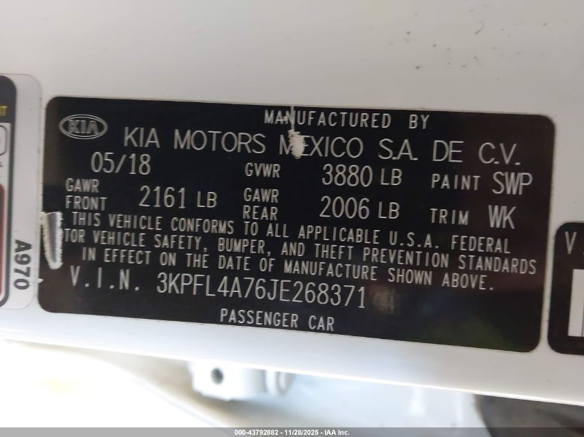 2018 Kia Forte Lx VIN: 3KPFL4A76JE268371 Lot: 43792882
