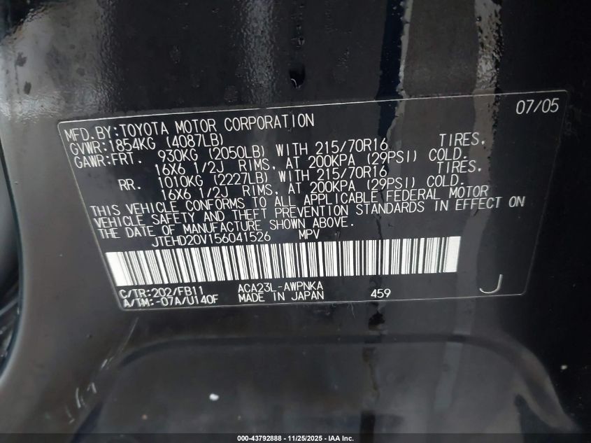 2005 Toyota Rav4 VIN: JTEHD20V156041526 Lot: 43792888