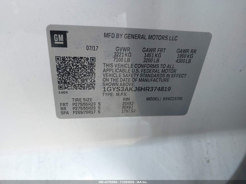 2017 Cadillac Escalade Standard VIN: 1GYS3AKJ6HR374819 Lot: 43792894