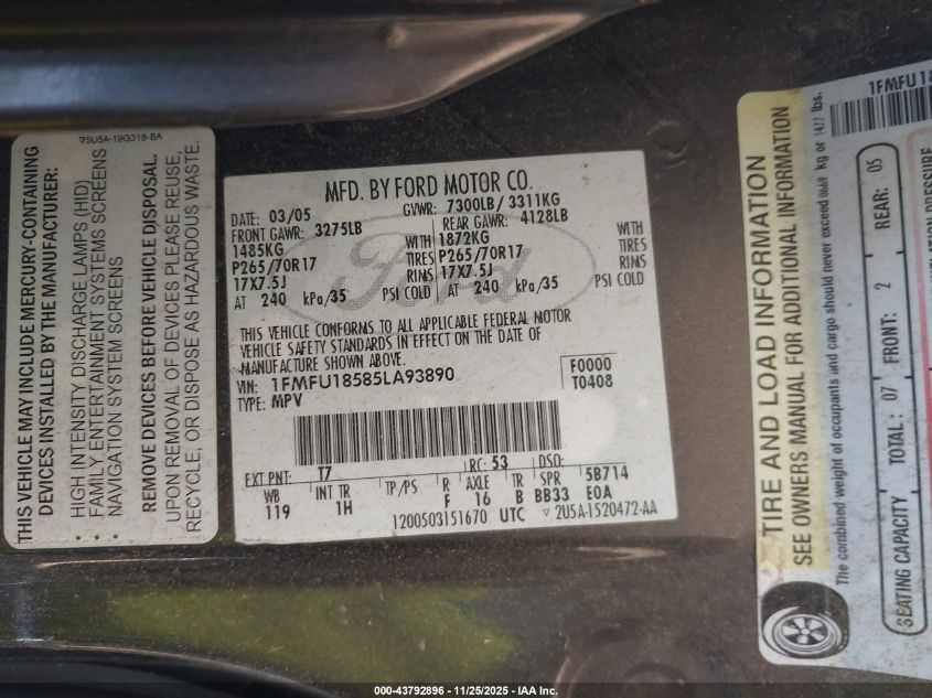 2005 Ford Expedition Eddie Bauer/King Ranch VIN: 1FMFU18585LA93890 Lot: 43792896