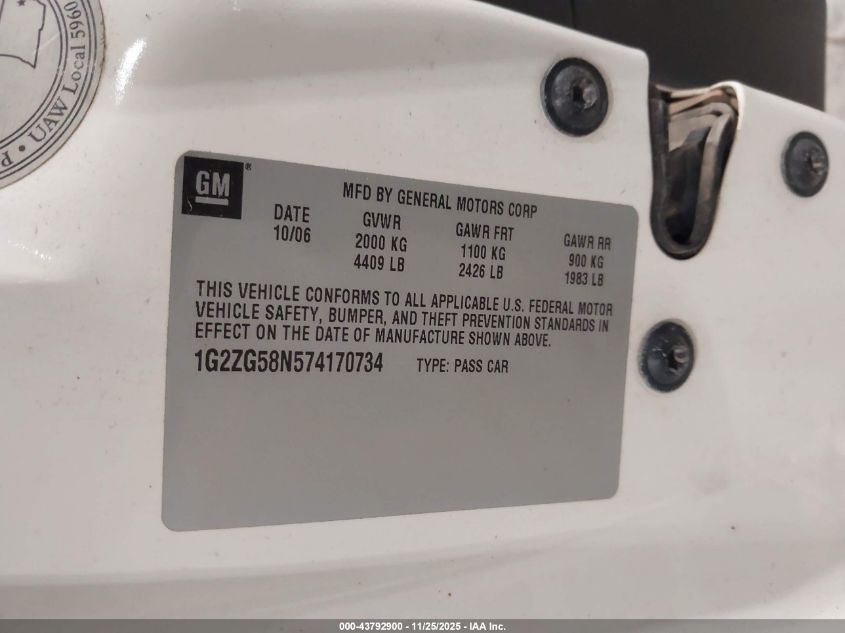 2007 Pontiac G6 VIN: 1G2ZG58N574170734 Lot: 43792900