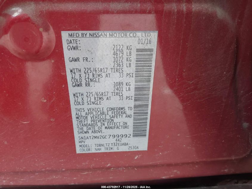 2016 Nissan Rogue Sv VIN: 5N1AT2MV2GC799992 Lot: 43792917