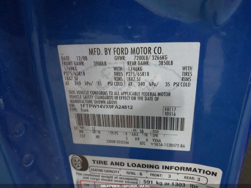 2009 Ford F-150 Fx4/King Ranch/Lariat/Platinum/Xl/Xlt VIN: 1FTPW14VX9FA24812 Lot: 43792918