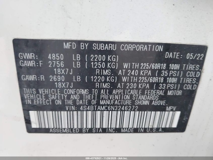 2022 Subaru Outback Limited VIN: 4S4BTAMC6N3246272 Lot: 43792921