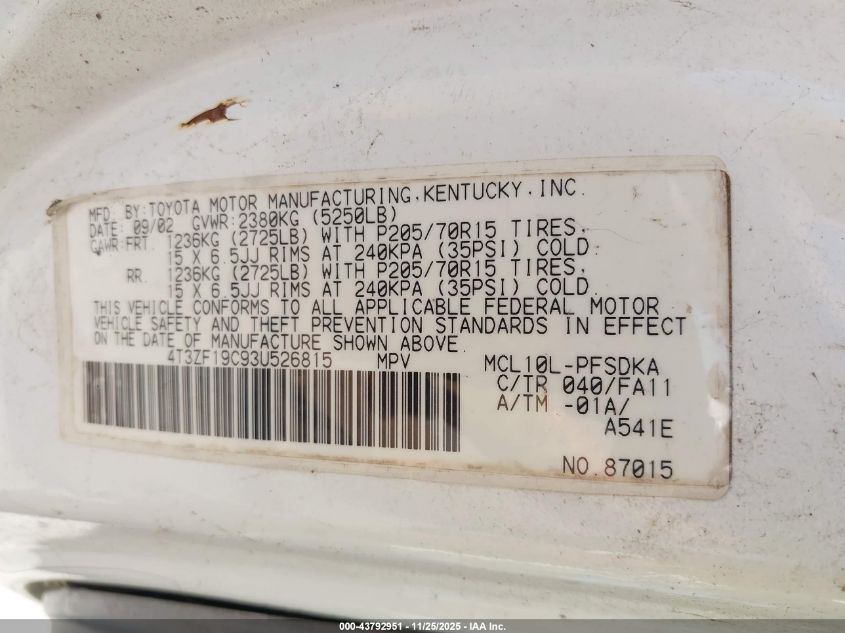 2003 Toyota Sienna Ce VIN: 4T3ZF19C93U526815 Lot: 43792951