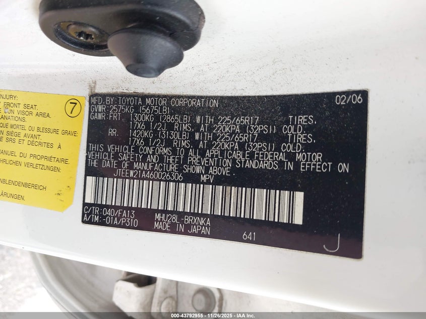2006 Toyota Highlander Hybrid V6 VIN: JTEEW21A460026306 Lot: 43792955