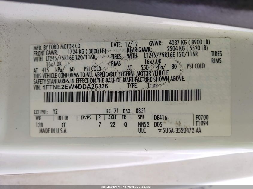 2013 Ford E-250 Commercial VIN: 1FTNE2EW4DDA25336 Lot: 43792970