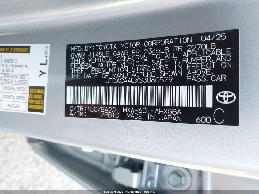 2025 Toyota Prius Xle VIN: JTDACAAUXS3060579 Lot: 43792973