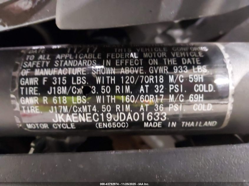 2018 Kawasaki En650 C VIN: JKAENEC19JDA01633 Lot: 43792974