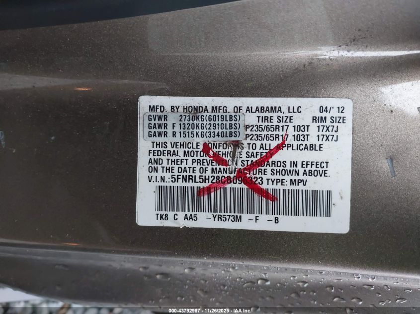 2012 Honda Odyssey Lx VIN: 5FNRL5H28CB096323 Lot: 43792987