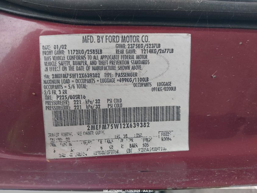 2002 Mercury Grand Marquis Ls VIN: 2MEFM75W12X639382 Lot: 43792990