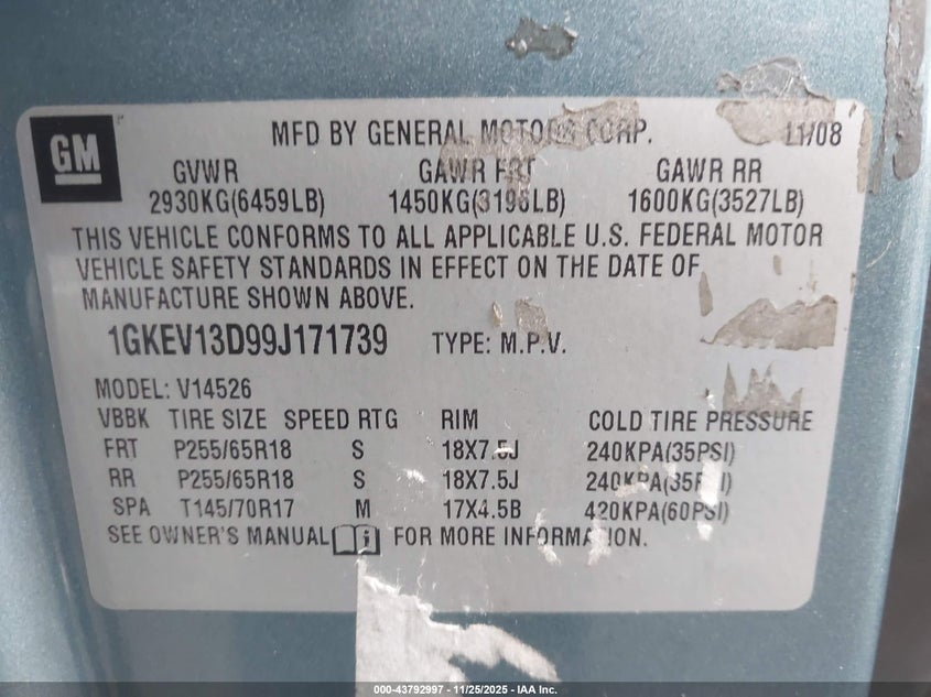 2009 GMC Acadia Sle-1 VIN: 1GKEV13D99J171739 Lot: 43792997