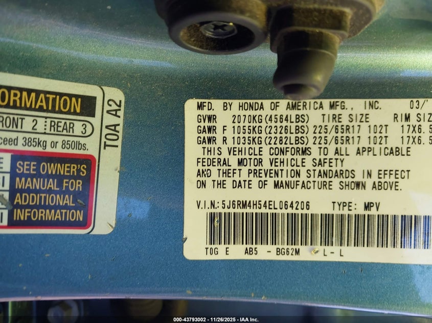 2014 Honda Cr-V Ex VIN: 5J6RM4H54EL064206 Lot: 43793002
