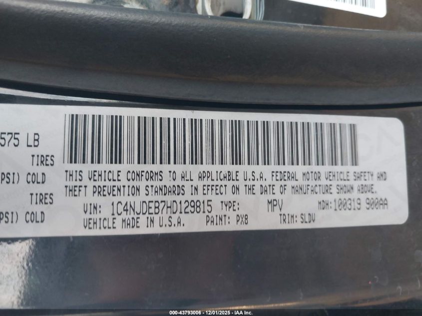 2017 Jeep Compass High Altitude 4X4 VIN: 1C4NJDEB7HD129815 Lot: 43793006