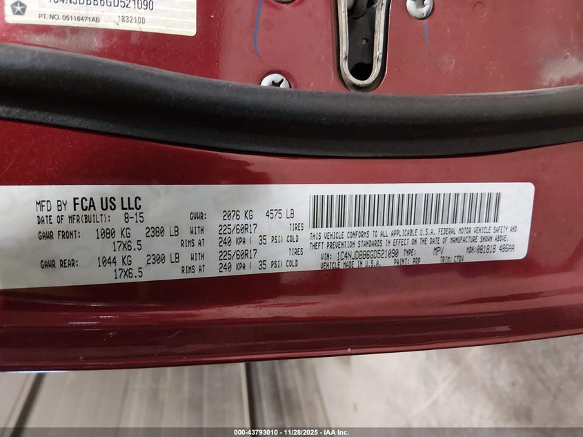 2016 Jeep Compass Sport VIN: 1C4NJDBB6GD521090 Lot: 43793010