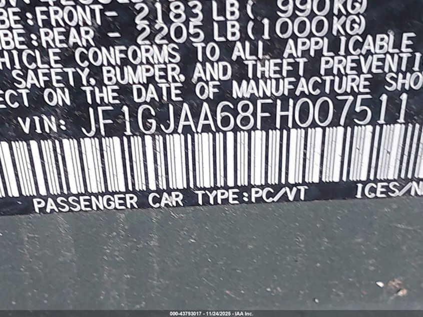 2015 Subaru Impreza 2.0I VIN: JF1GJAA68FH007511 Lot: 43793017