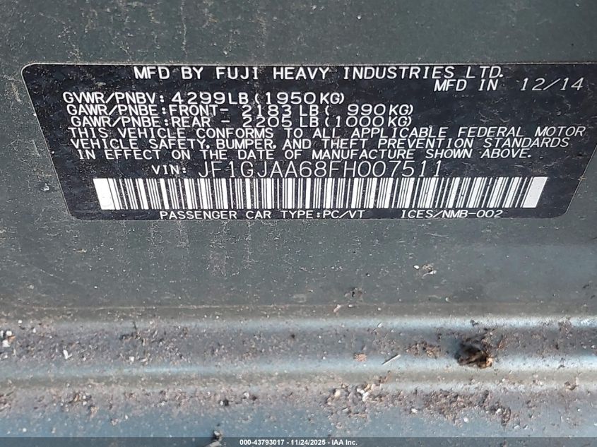 2015 Subaru Impreza 2.0I VIN: JF1GJAA68FH007511 Lot: 43793017