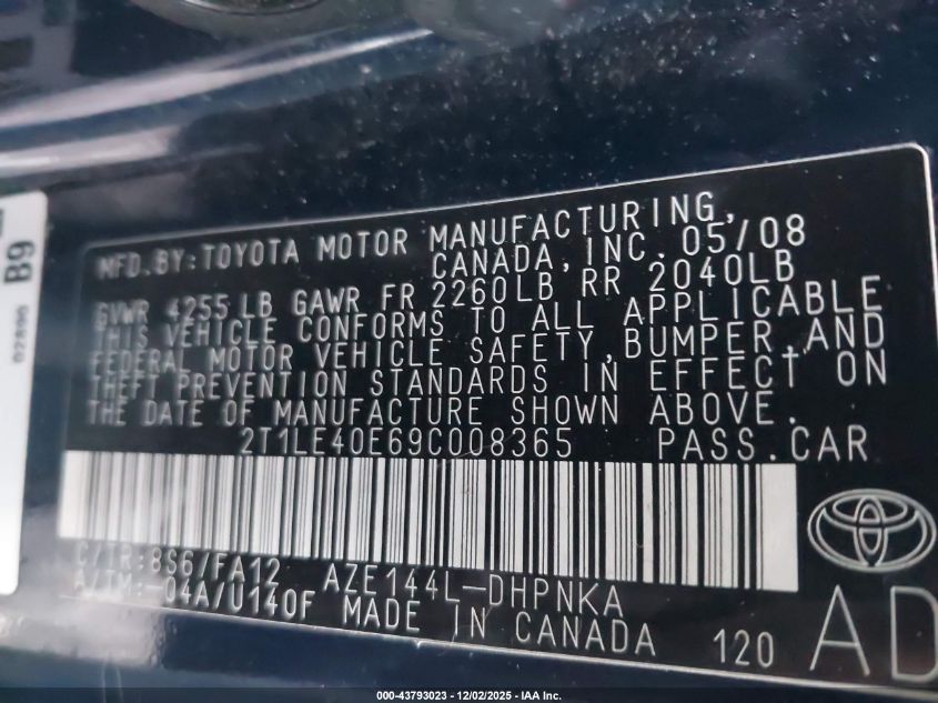 2009 Toyota Matrix S VIN: 2T1LE40E69C008365 Lot: 43793023