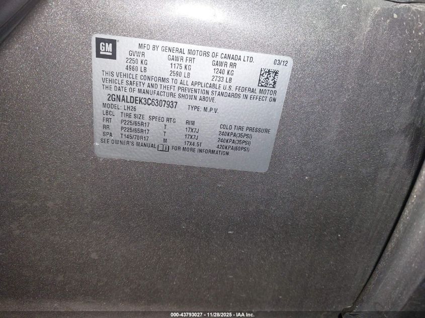 2012 Chevrolet Equinox 1Lt VIN: 2GNALDEK3C6307937 Lot: 43793027