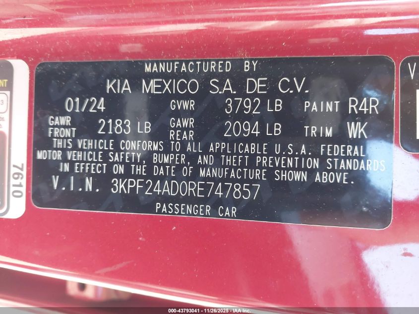 2024 Kia Forte Lxs VIN: 3KPF24AD0RE747857 Lot: 43793041