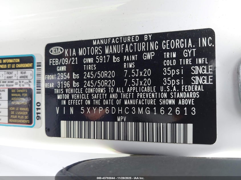 2021 Kia Telluride S VIN: 5XYP6DHC3MG162613 Lot: 43793044