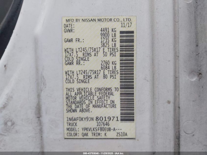 2018 Nissan Nv Cargo Nv3500 Hd Sl V8 VIN: 1N6AF0KY9JN801971 Lot: 43793046