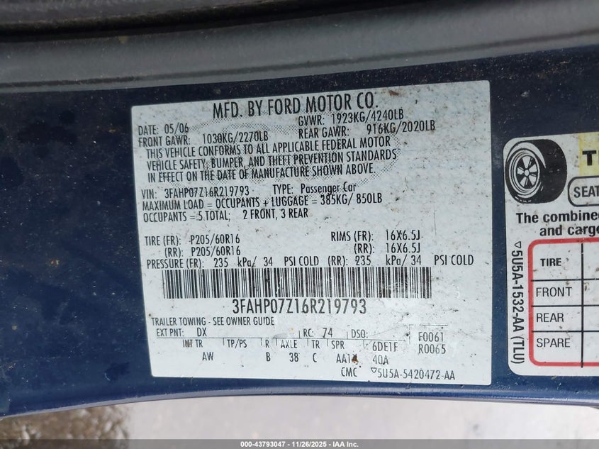 2006 Ford Fusion Se VIN: 3FAHP07Z16R219793 Lot: 43793047