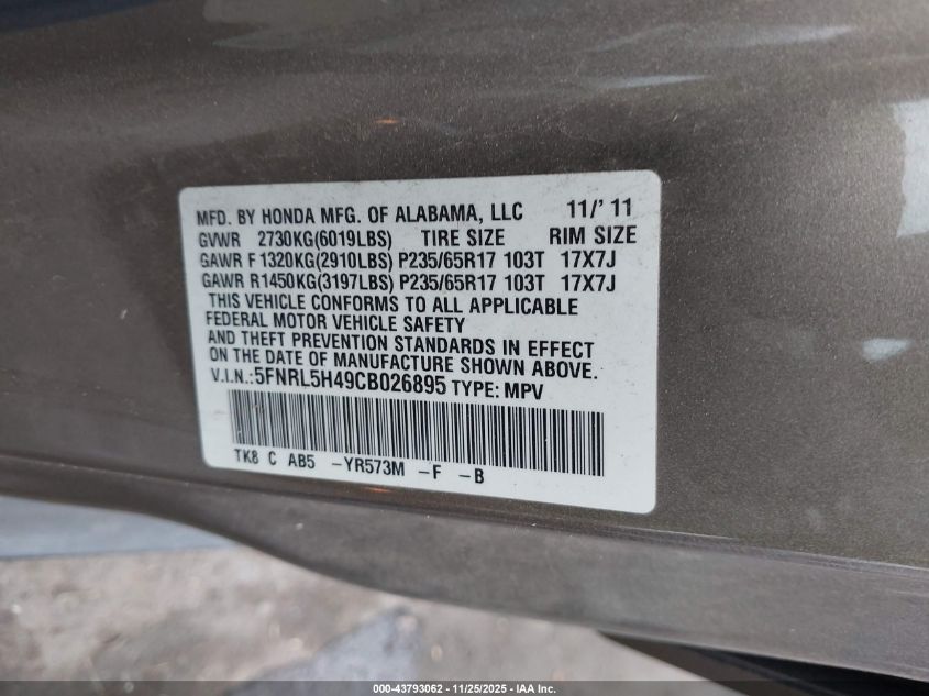 2012 Honda Odyssey Ex VIN: 5FNRL5H49CB026895 Lot: 43793062
